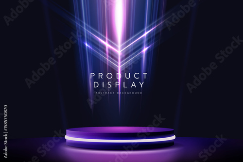 Futuristic product display podium with glowing lines and abstract light beams. Modern background template.