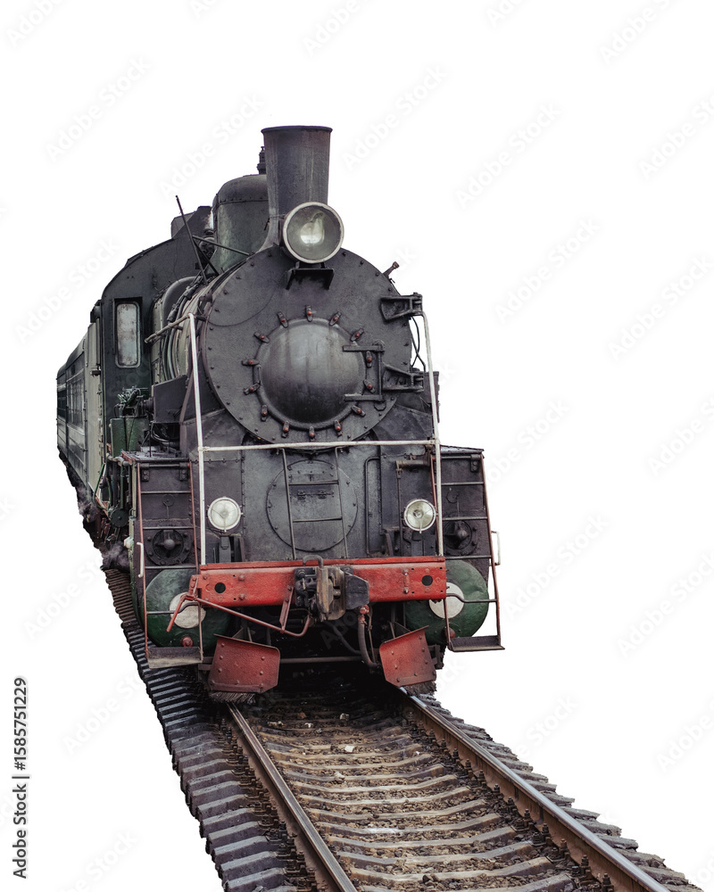 Naklejka premium old steam locomotive on rails isolated