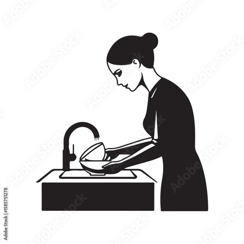 Vector illustration of dishwashing activity, featuring hands cleaning dishes with soap and water isolated on a white background.