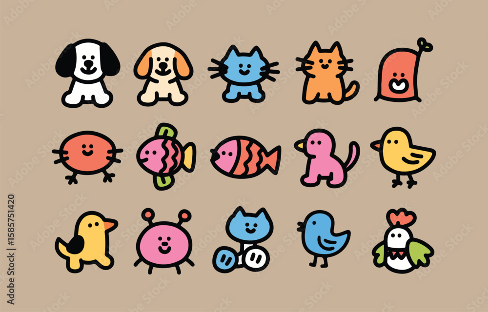Obraz premium Cheerful cartoon animal icons: playful pets, fish, and birds in a vibrant, minimalist style.
