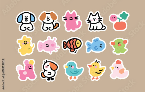 Cute cartoon animal stickers: playful, colorful, whimsical pet illustrations for kids.