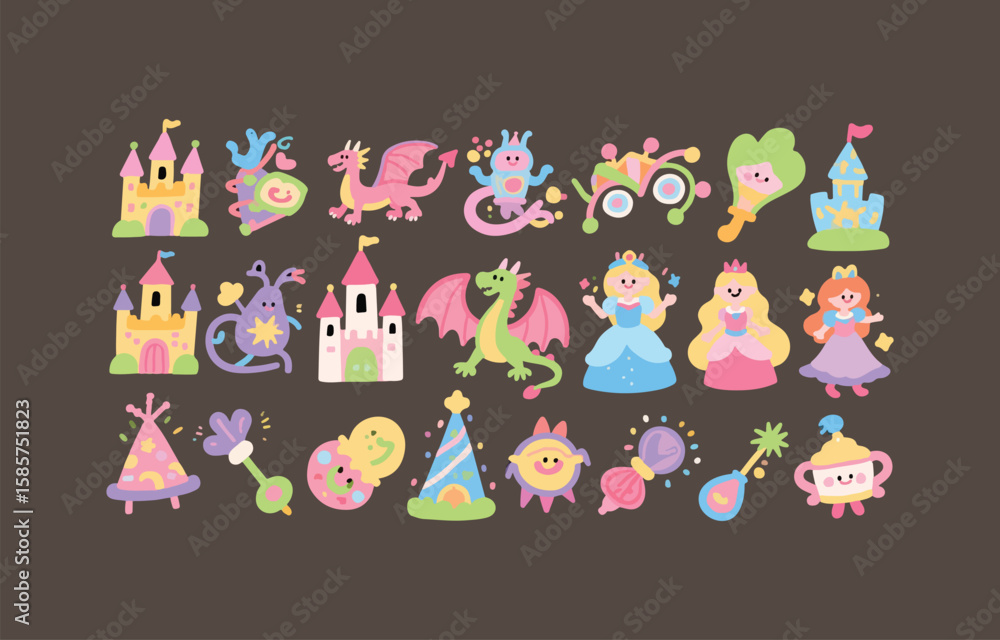 Naklejka premium Whimsical Pastel Princess Castle Party: Cute Dragons, Fairies, and Magical Elements