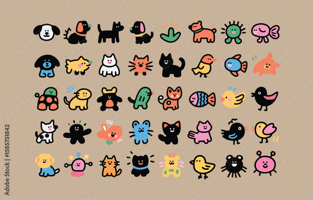 Fototapeta premium Cheerful cartoon animal icons: playful pets, birds, and aquatic creatures in bold colors.