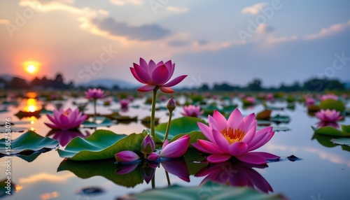 Twilight Serenity Lotus Flowers Calm Water