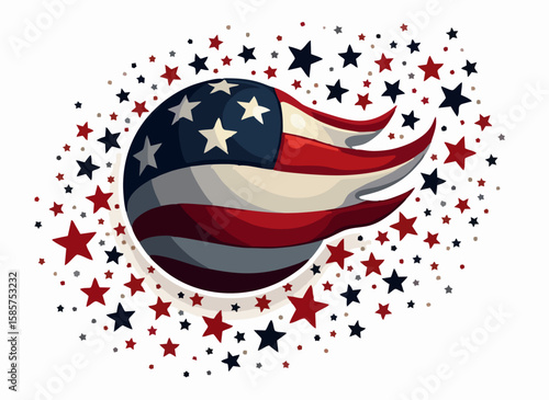 Vector drawing with flying basketball
from national flag of usa isolated on white background. 
Sport fashion t shirt design for textiles, fabric, 
clothing. American print with star.