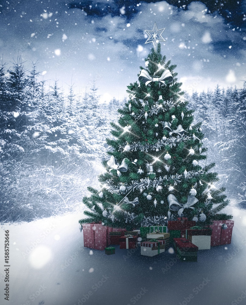 Fototapeta premium Christmas tree in snowy forest