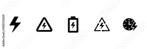  Electricity energy voltage battery charge recycle warning symbol time flash icon vector illustration set for power industry concept.
