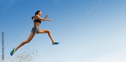 Photography Low angle view of female athlete long jumping