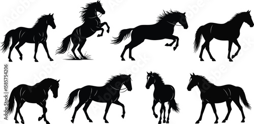 Black horse silhouettes in various dynamic poses offer a vector art design.