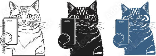 Cartoon cats taking selfies with smartphones in line art style