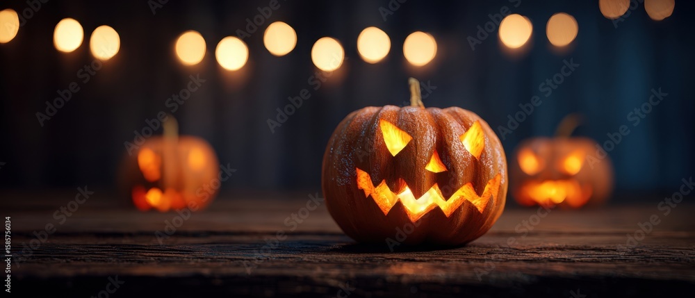 Fototapeta premium The glowing jack-o-lantern surrounded by warm autumn lights at night.