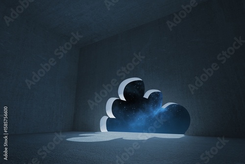 Fototapeta Naklejka Na Ścianę i Meble -  Flat design is showing cloud portal in concrete chamber revealing blue nebula and glowing floor