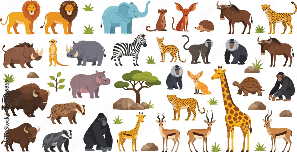 Fototapeta premium Diverse collection of illustrated African safari animals, including lion and giraffe