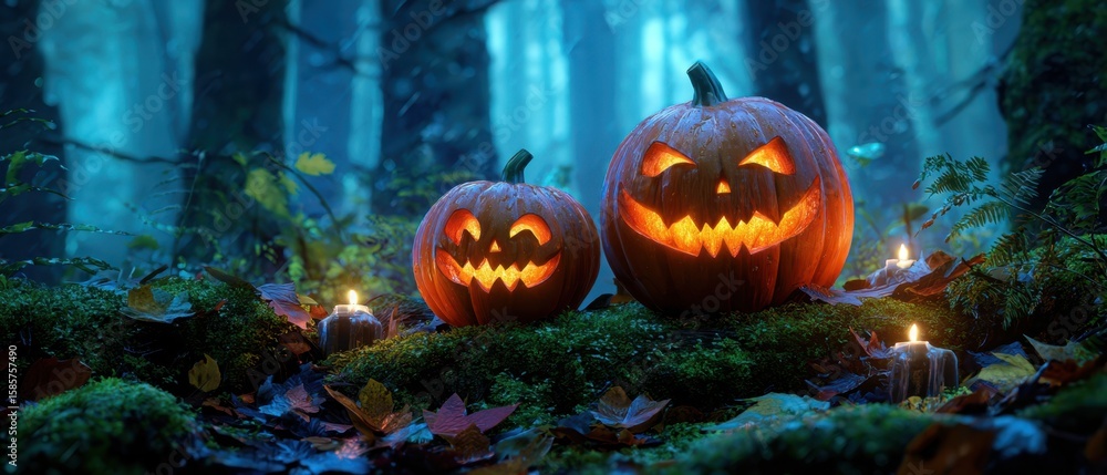 Fototapeta premium The glowing jack-o-lanterns illuminate a spooky forest scene at Halloween.