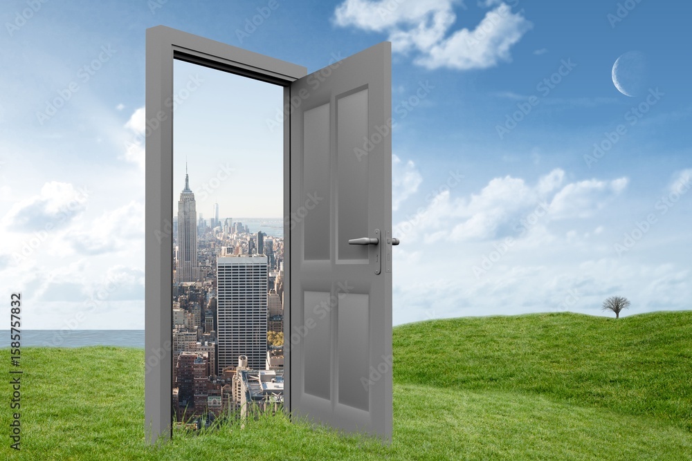 Fototapeta premium Digital image of door opening at cityscape on grassy hill