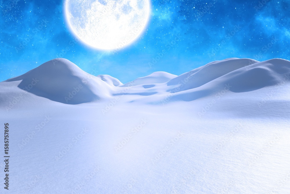 Naklejka premium Flat design scene is displaying serene snowy dunes rolling under glowing full moon and stars