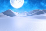 Flat design scene is displaying serene snowy dunes rolling under glowing full moon and stars