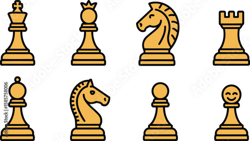 World Chess Day vector icon set with king queen knight bishop rook pawn smiling chess pieces