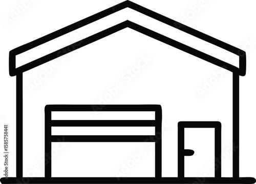 Minimalist line art illustration of garage building with rolling door and side door