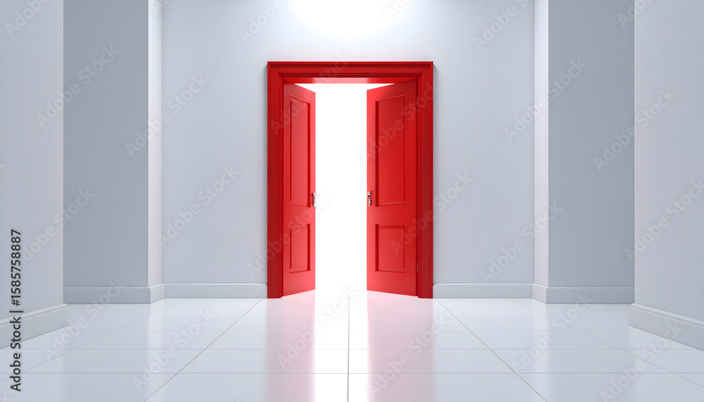 Open Red Door to Bright Light in White Room Open Red Door to Bright Light in White Room