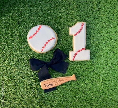 Baseball Birthday Cookie Set on Grass Background