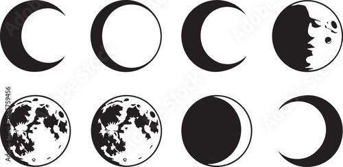 International Moon Day vector icon set with crescent moon and detailed moon phases illustration