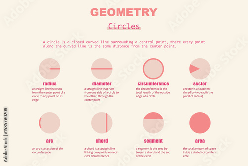 Geometry circle parts chart with radius, diameter, chord and more. Educational math vector for kids. Printable classroom learning poster.
