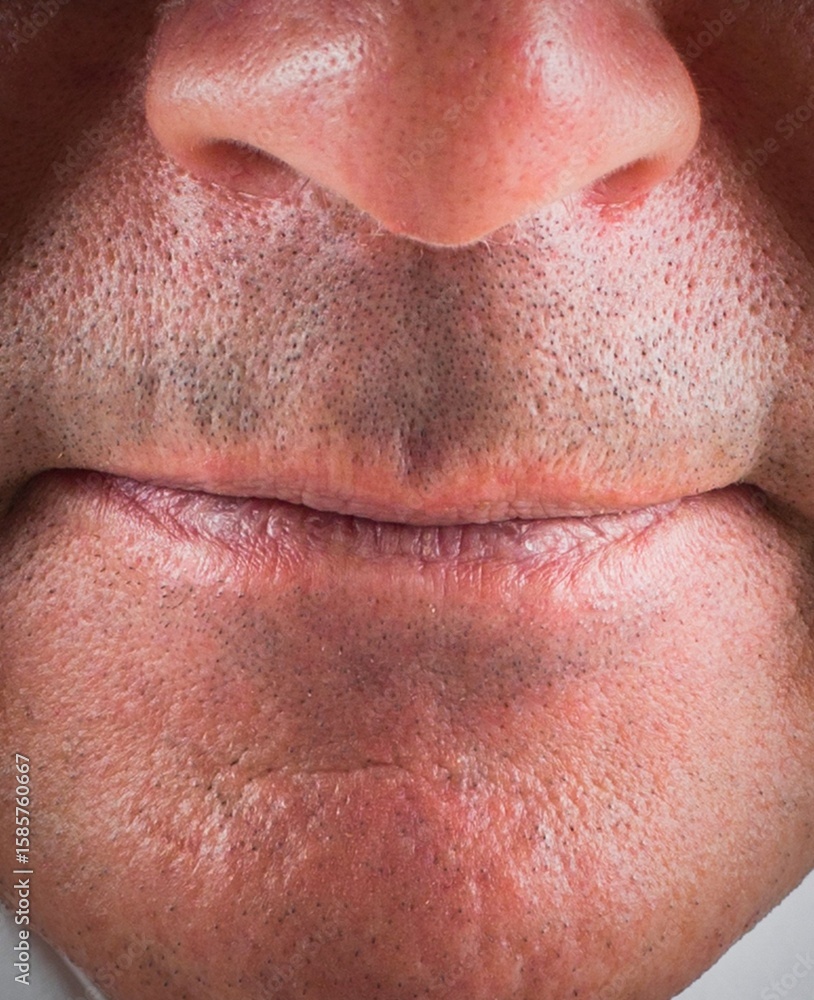 Obraz premium Lower half of male face is showing in 3D render, with visible skin texture and stubble
