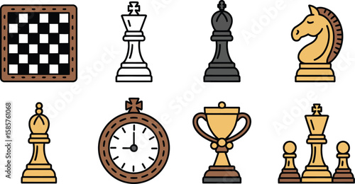 World Chess Day vector icon set with chessboard king knight rook player winner and handshake