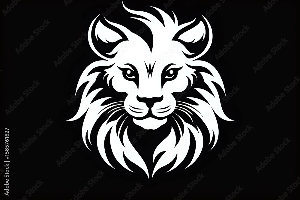 Obraz premium White lion head silhouette with detailed mane and fierce expression on black background, isolated design element for logos, tattoos and creative projects.