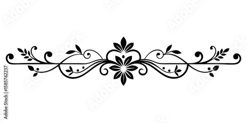 Elegant black ornamental divider featuring a delicate lace texture and charming floral ends against a pristine white background provides a touch of refinement.