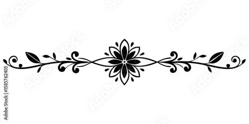 A minimal black ornamental divider showcases an elegant lace texture with floral ends against a pristine white backdrop, perfect for adding a touch of refinement.