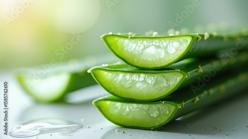 Close-up of fresh aloe vera leaf with water drops illuminated by soft sunlight. Aloe healing properties, skin care, wellness and nature theme.
