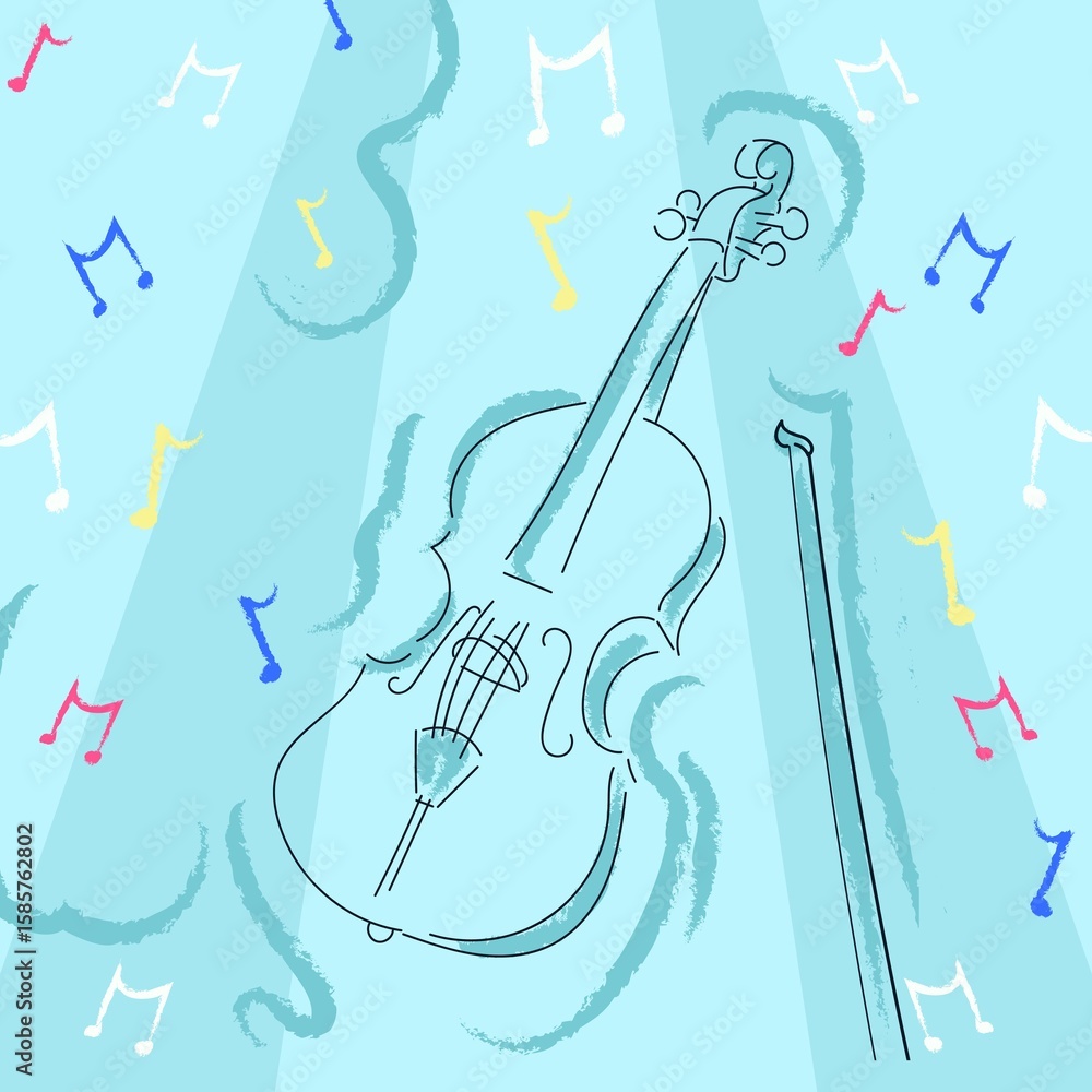 Fototapeta premium Composition of notes and violing drawing on blue background