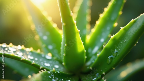 Close-up of fresh aloe vera leaf with water drops illuminated by soft sunlight. Aloe healing properties, skin care, wellness and nature theme.
