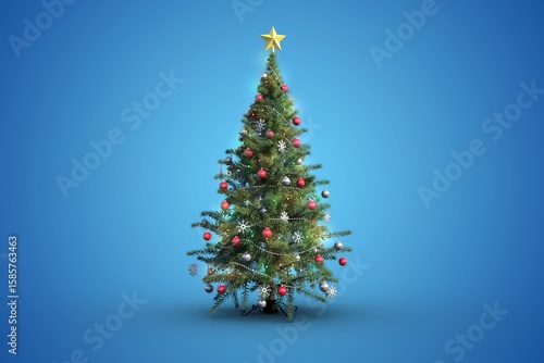 Decorated Christmas tree is standing against blue gradient backdrop with glowing star, red baubles