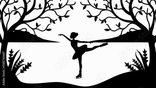 Silhouette of ice skater in arabesque pose with trees and foliage in black and white landscape view