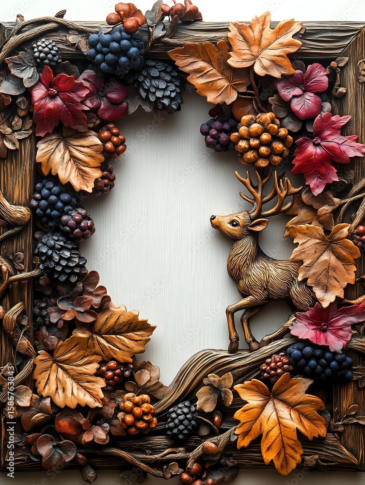 Fototapeta premium Autumn wreath with carved wooden deer, maple leaves in orange and red, dark grapes, and berries creates rustic seasonal decor against white background.