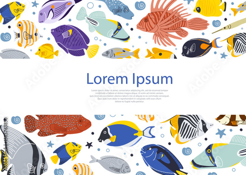 Kids diploma with cartoon red sea fish vector frame. Child graduation certificate for kindergarten, school, award and appreciation. Cute frame template with clown and angel fish