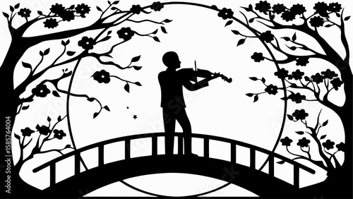 Silhouette of a violinist playing on a bridge surrounded by flowering trees against a circular backdrop