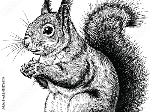 Detailed squirrel illustration in monochrome ink artwork