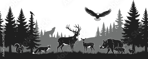 Wildlife silhouettes populate a forest landscape with mountains
