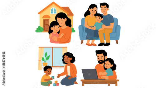 Happy Family Illustration Parents with Children Kids at Home Representing Love, Bonding, Parenthood, and Family Life for Lifestyle and Back to School Emotional Design Themes