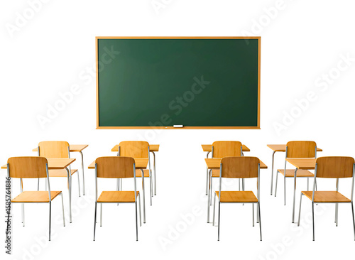 Empty classroom with rows of desks and chairs facing a green chalkboard isolated on transparent background