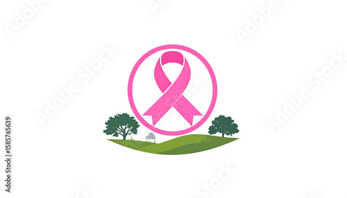 Pink Ribbon Breast Cancer Awareness Symbol on Green Landscape