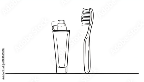 Line Art Illustration of Toothbrush and Toothpaste Tube