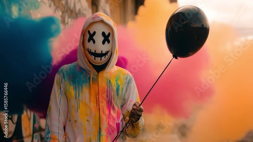 Person in creepy smiley hoodie mask holding black balloon with colorful smoke background, surreal anonymous character concept in urban street art style