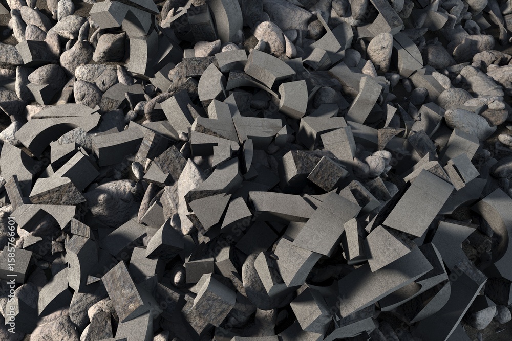 Obraz premium Heap of broken concrete chunks and rocks is being shown in flat design, featuring ring sections