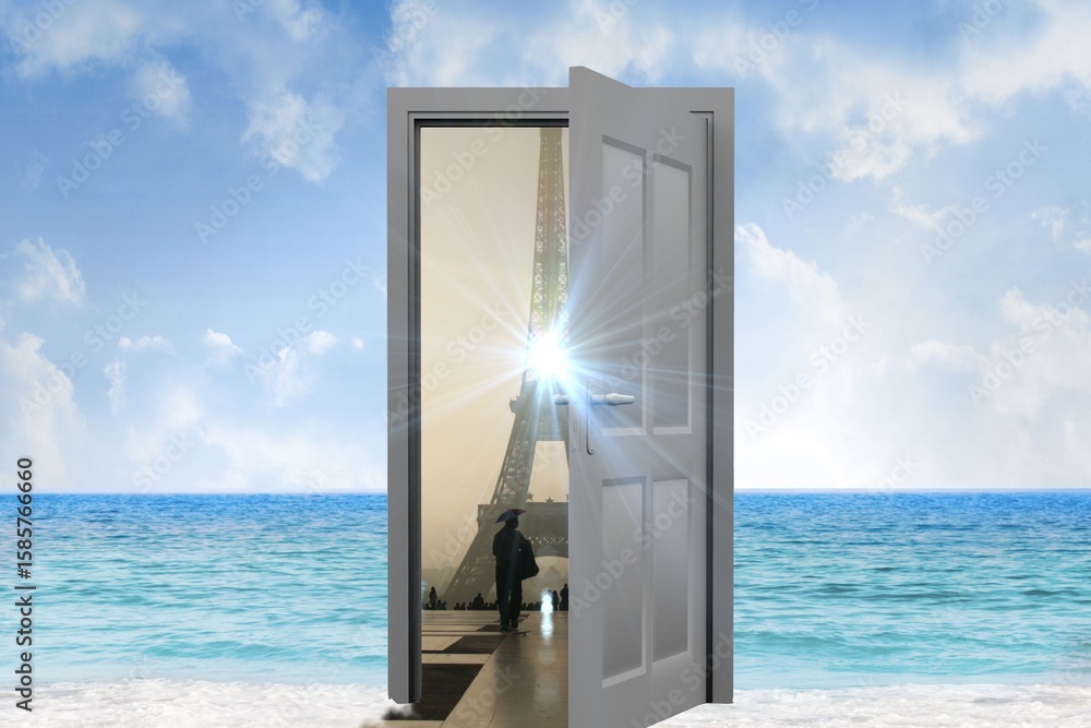 Fototapeta premium Digital composite of Eiffel Tower seen from open door