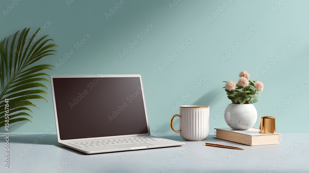 Obraz premium Minimalist Workspace with Stylized Laptop Mockup